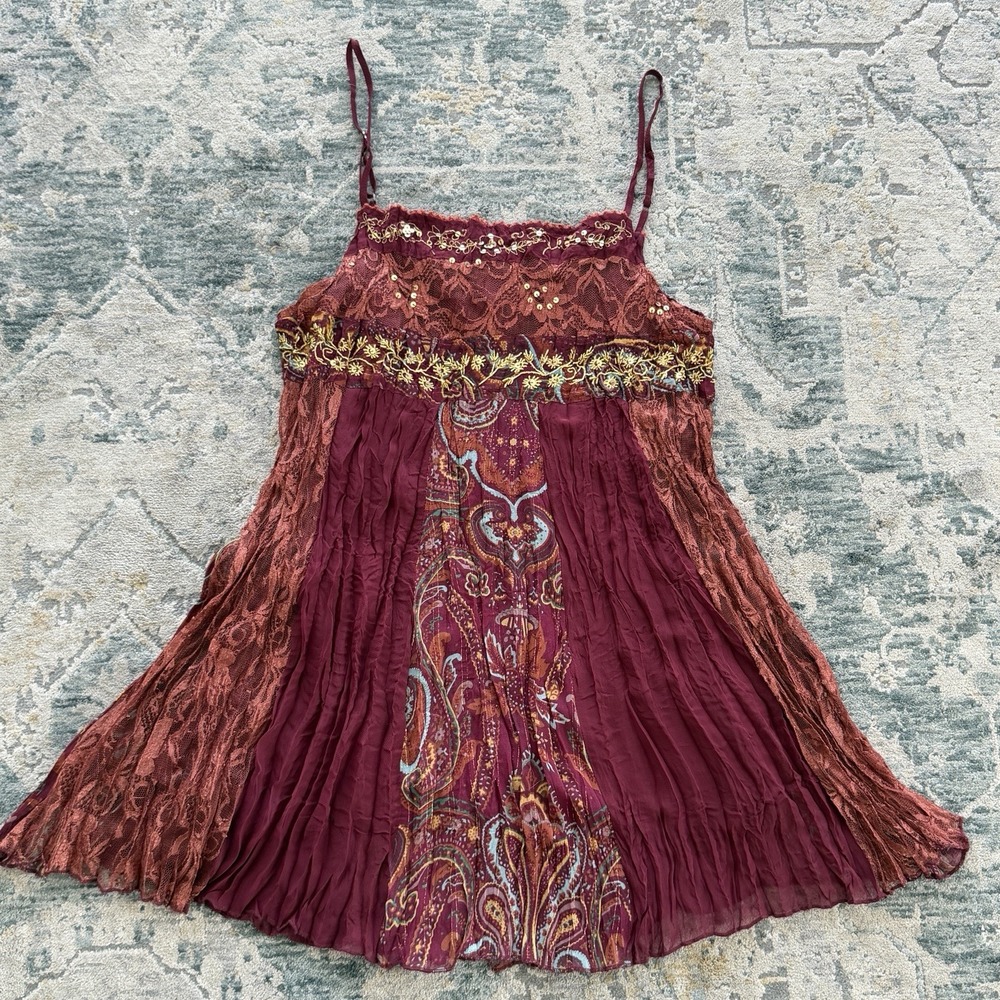 Y2K Cami Babydoll Top Medium Patchwork Lace Crinkle Fairy Whimsical Boho Grunge